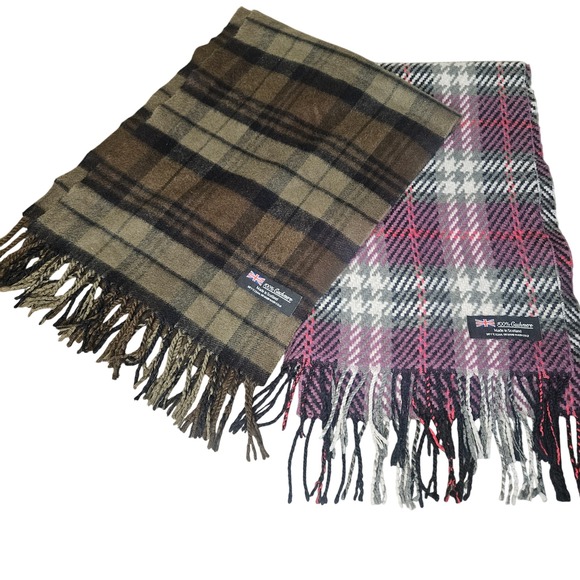 Scottish Cashmere Plaid Preppy Tartan Scarf Fringe Scotland Brown Purple - Picture 3 of 6
